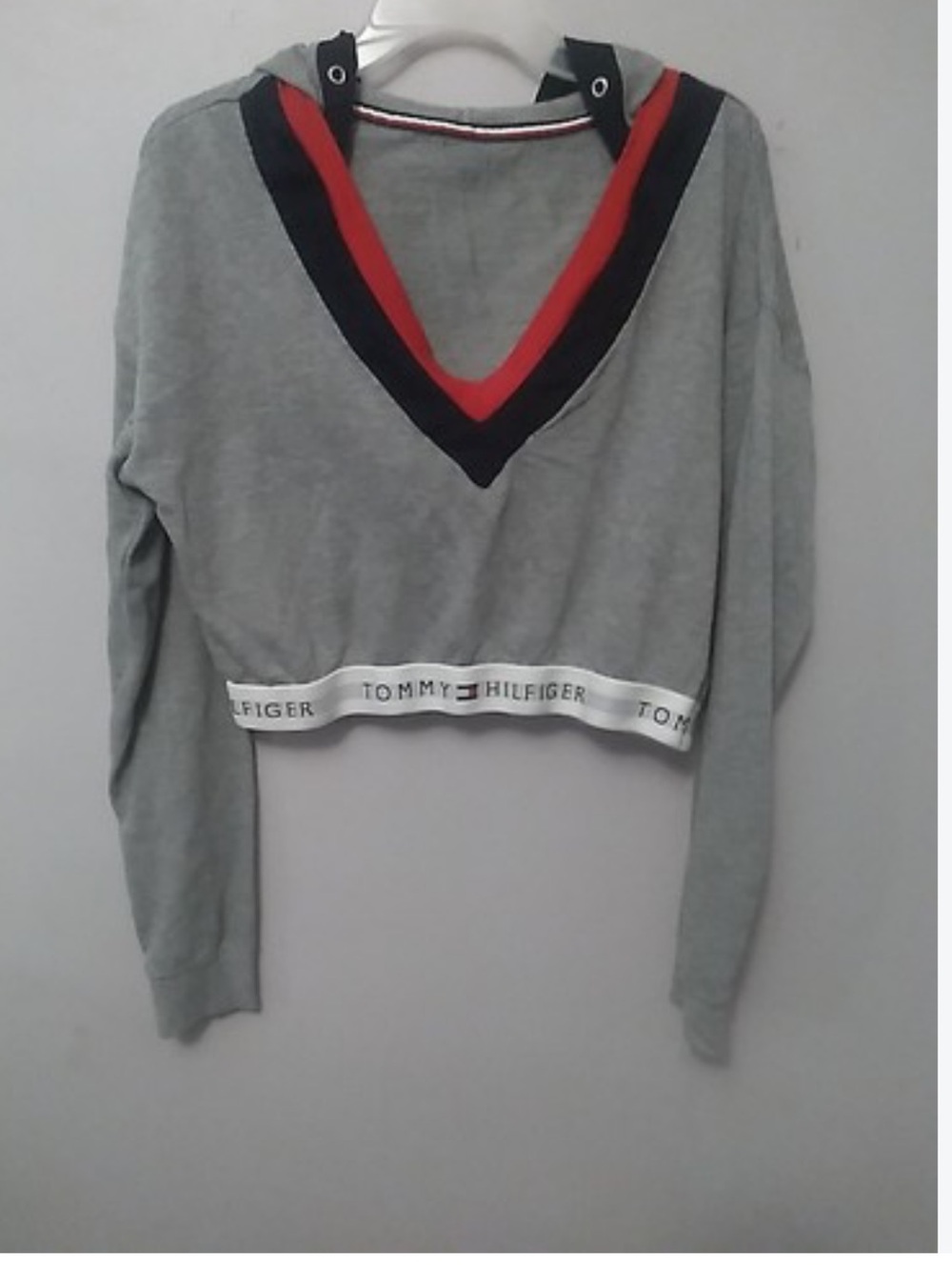 Tommy Hilfiger Gray Cropped V-Neck Sleep Top with Red and Navy Trim